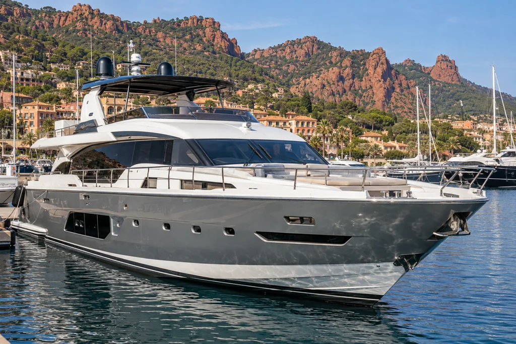 Modern yacht at a marina near Théoule-sur-Mer