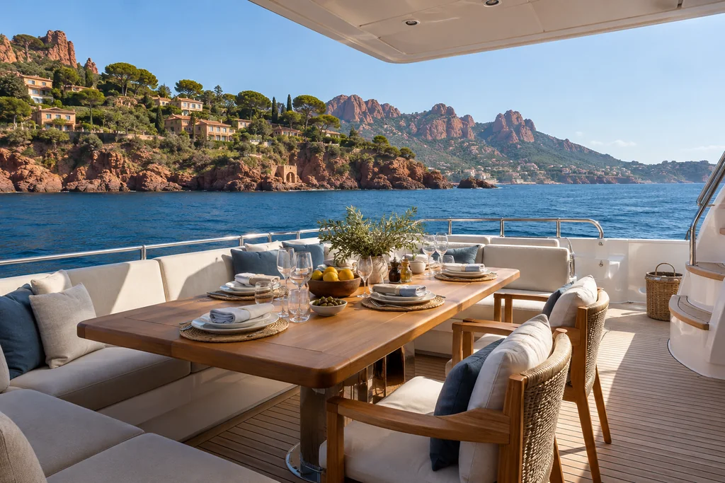 Shaded yacht dining deck overlooking the Théoule-sur-Mer coast