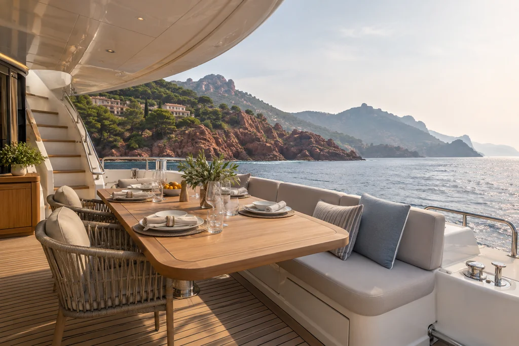 Espace repas ombragé sur un yacht face à la côte de Théoule-sur-Mer
