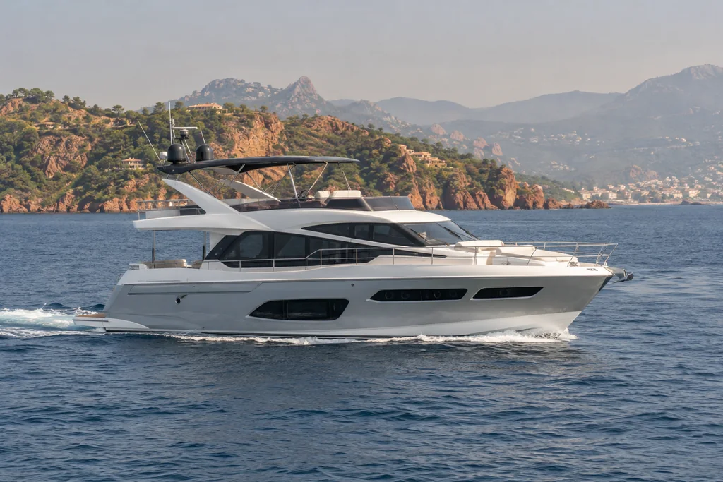 Yacht à moteur vu depuis la mer près de Théoule-sur-Mer