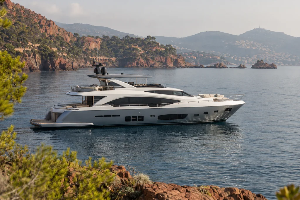 Yacht avec flybridge au mouillage près de Théoule-sur-Mer