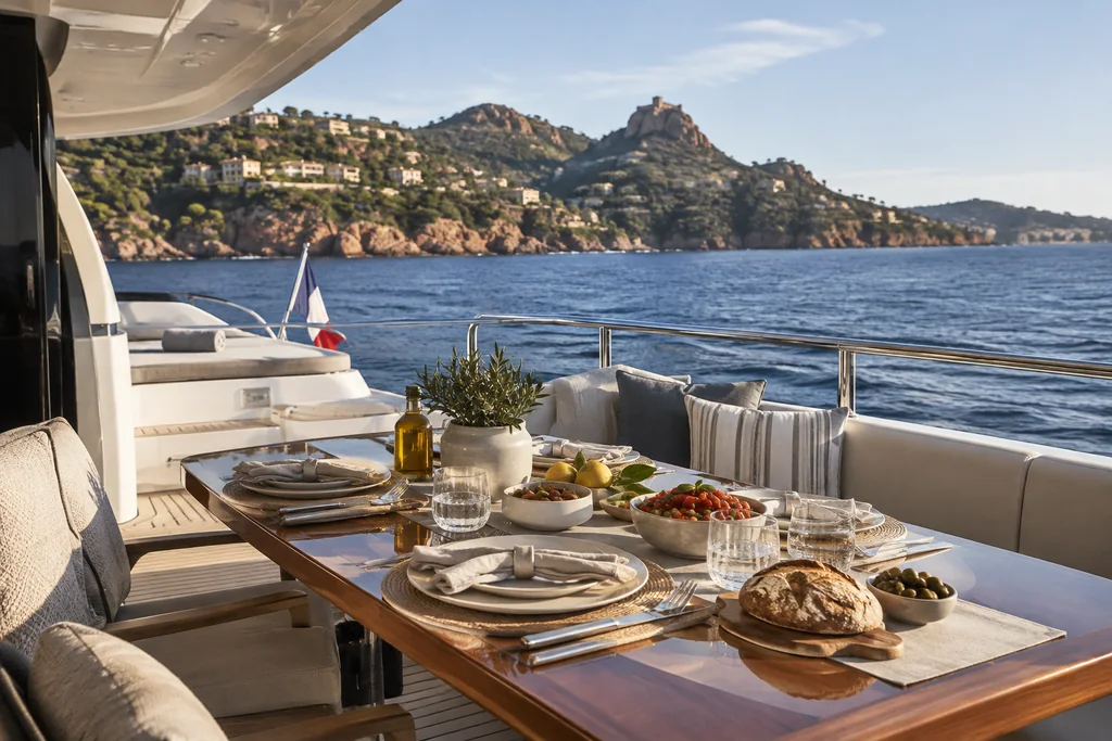 Table dressée pour un repas méditerranéen sur le pont d’un yacht