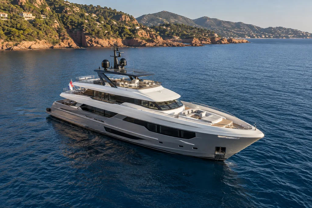 Grand yacht à plusieurs ponts devant la côte de Théoule-sur-Mer