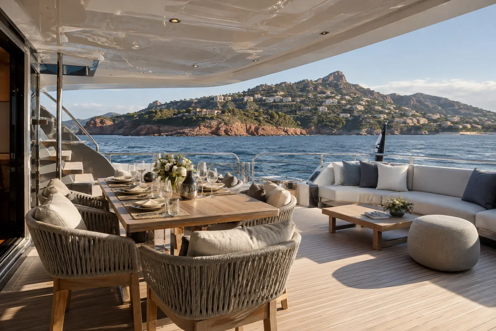 Salon de pont ouvert sur la mer pour un séjour en yacht autour de Théoule-sur-Mer