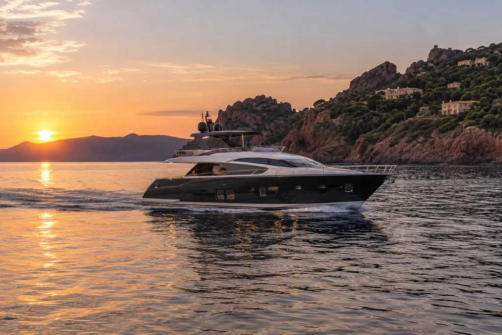 Yacht sur la mer dans la lumière du soir près de Théoule-sur-Mer