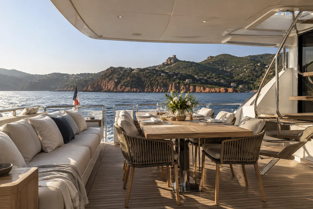 Terrasse ombragée et table sur un yacht au large de Théoule-sur-Mer