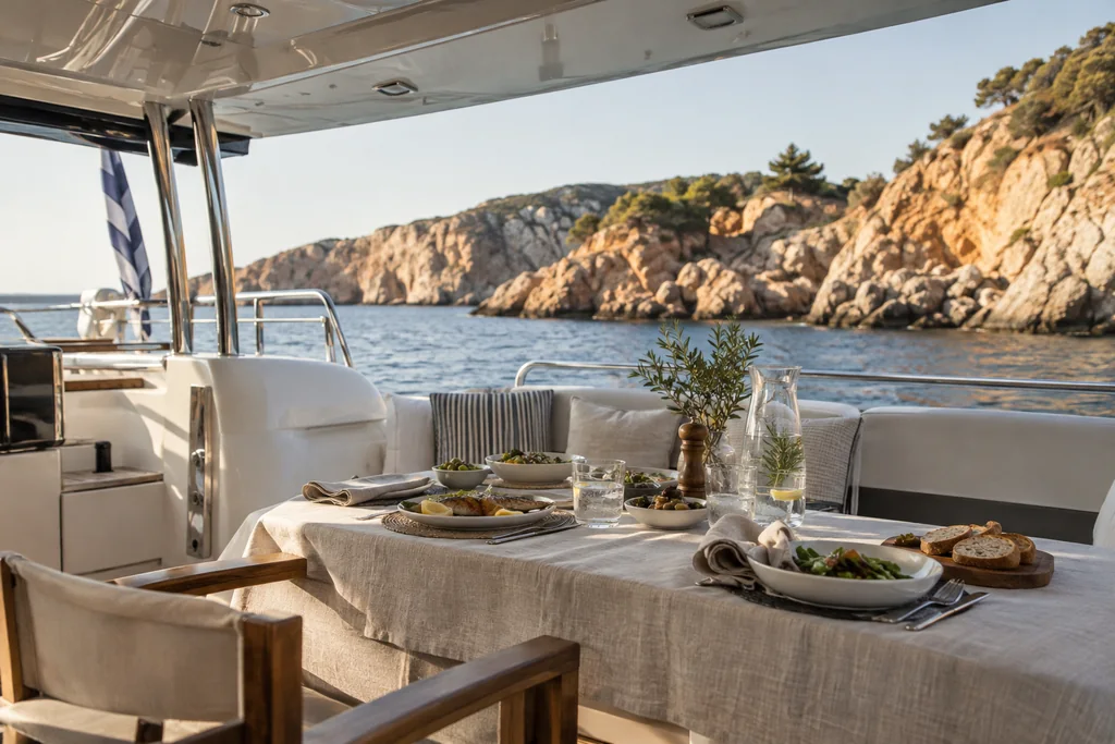 Yacht table in a shaded aft cockpit, pale linen, simple lunch and water glasses, copper-toned coastal rocks visible softly beyond