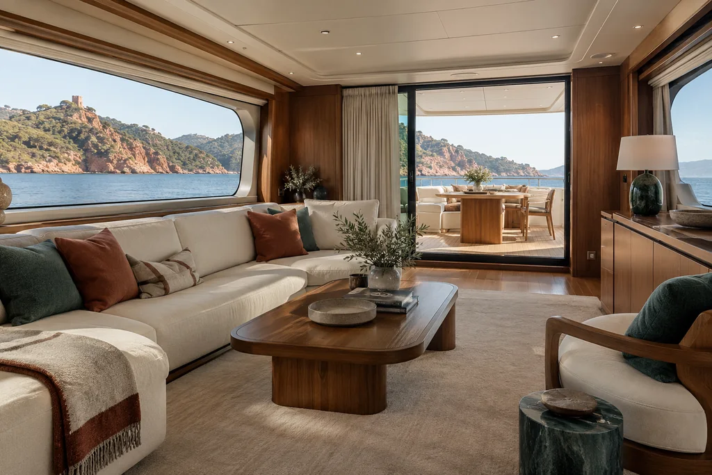 A refined unbranded private yacht saloon with a comfortable seating group near Théoule-sur-Mer