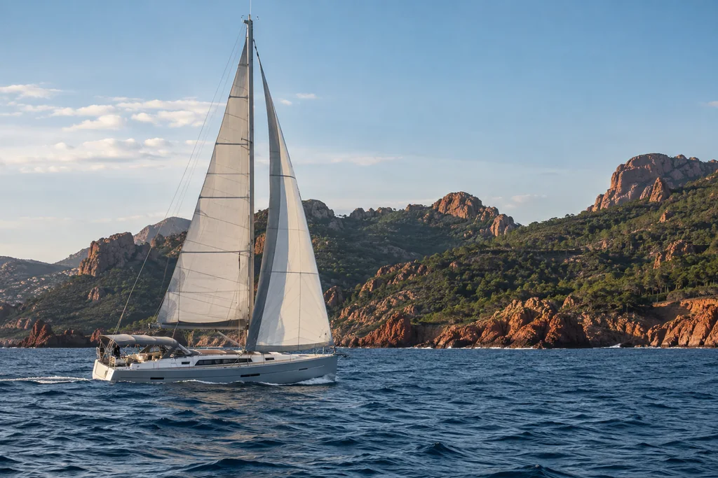 An unbranded sailing yacht offshore from the Esterel massif, pine green and rust rock behind, realistic sail geometry