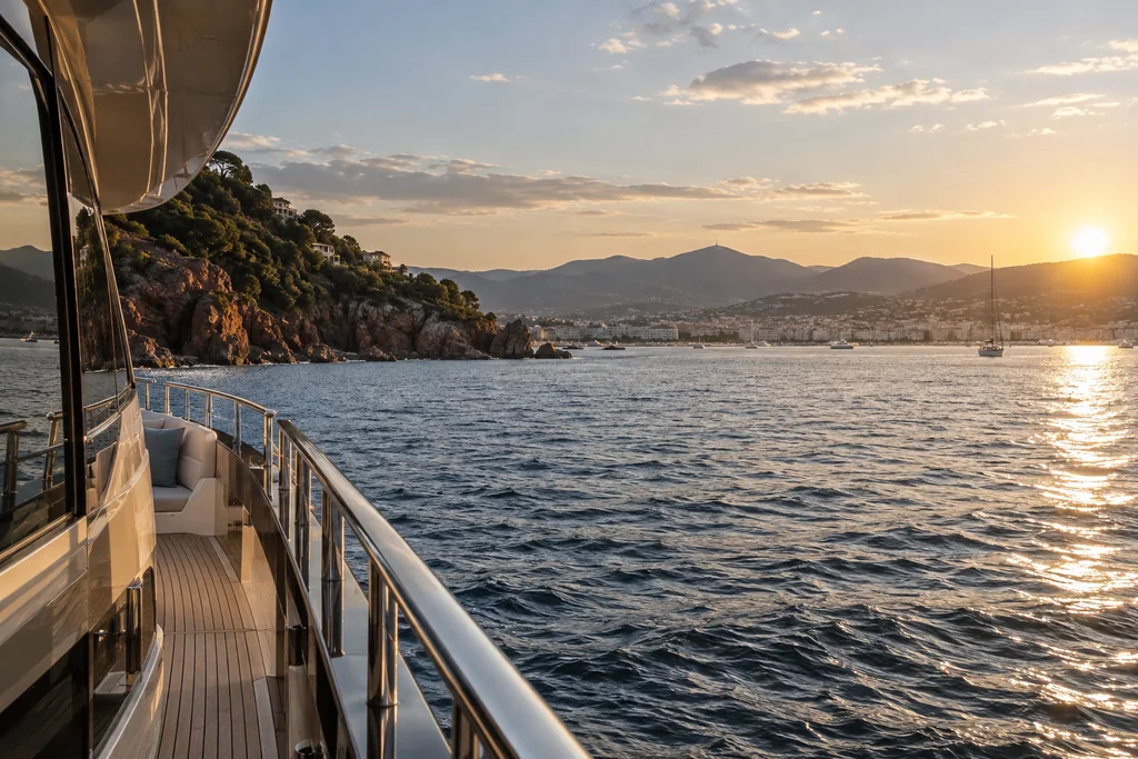 Late sunlight over the Bay of Cannes seen from offshore near Theoule, a yacht side deck foreground, no skyline exaggeration