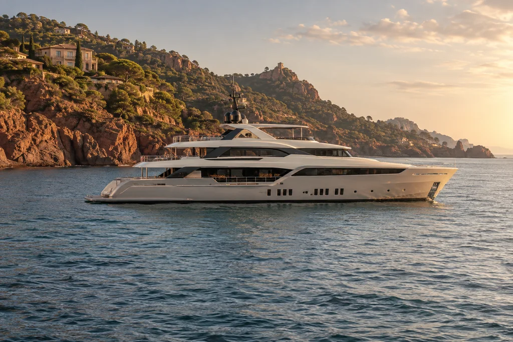 A large unbranded motor yacht viewed from the water near Théoule-sur-Mer